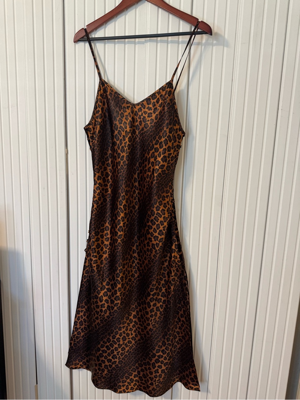 VTG Y2K Leopard Print Satin Slip Midi Dress M Coquette Date Open Sides Dainty